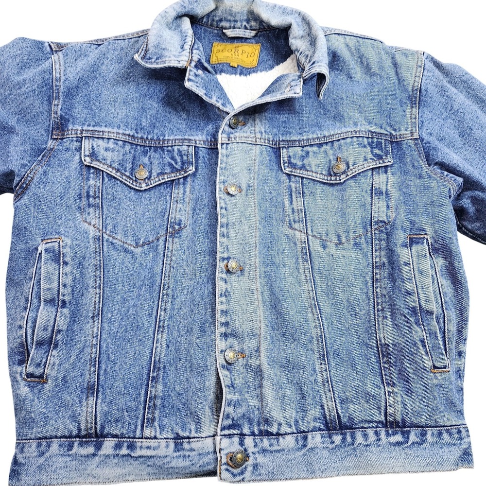 Vintage Scorpio Jacket Mens Medium Blue Denim Sherpa Lined Trucker Button Front
